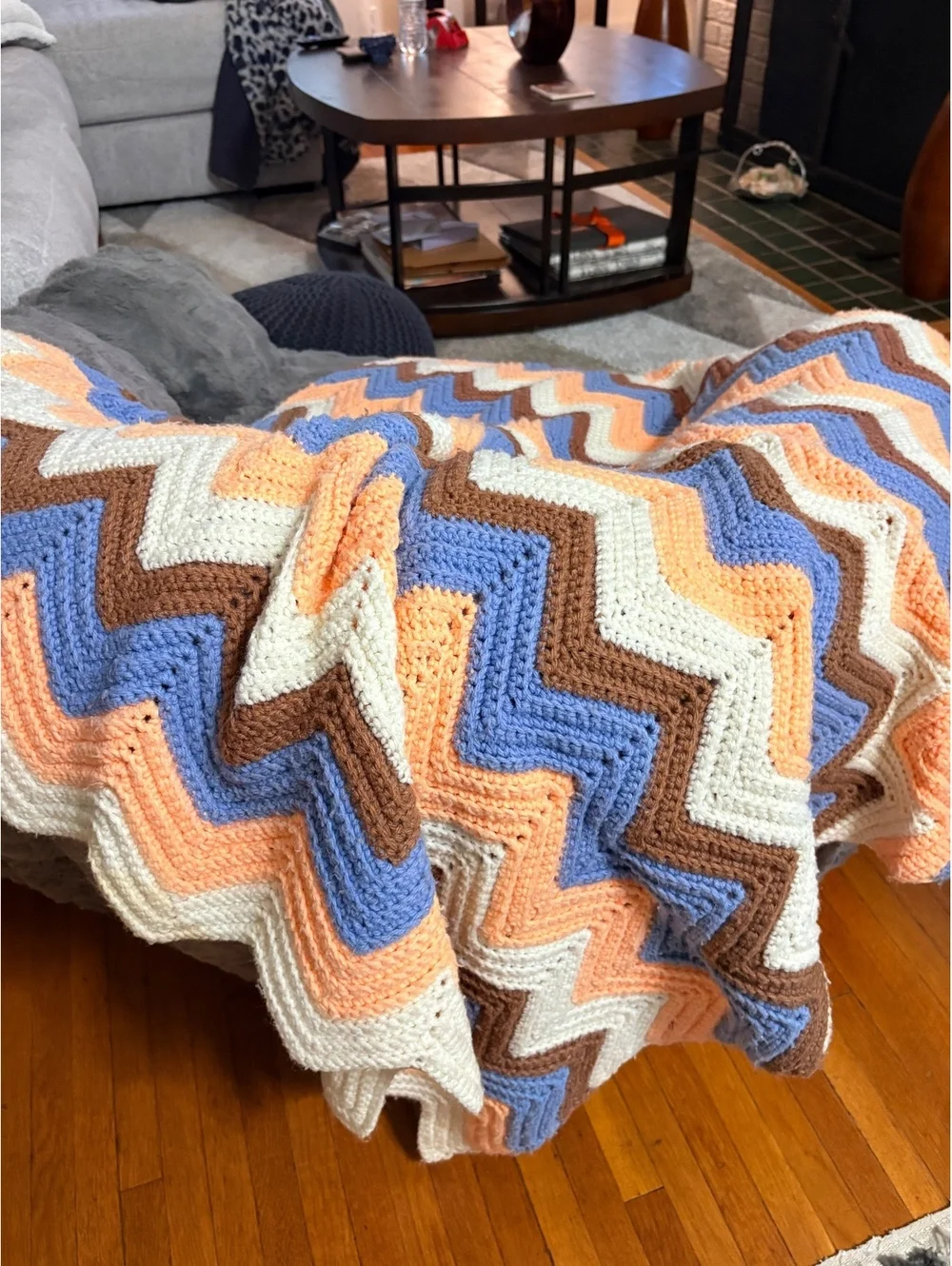 Hand Crocheted Chevron Afghan Throw Blanket Peach Blue Brown 48x62